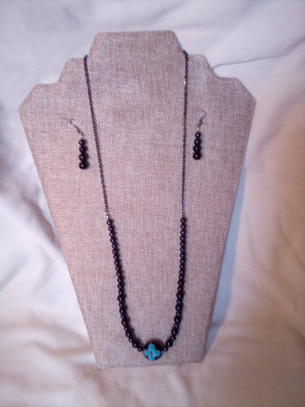 Black glass bead necklace with matching earrings