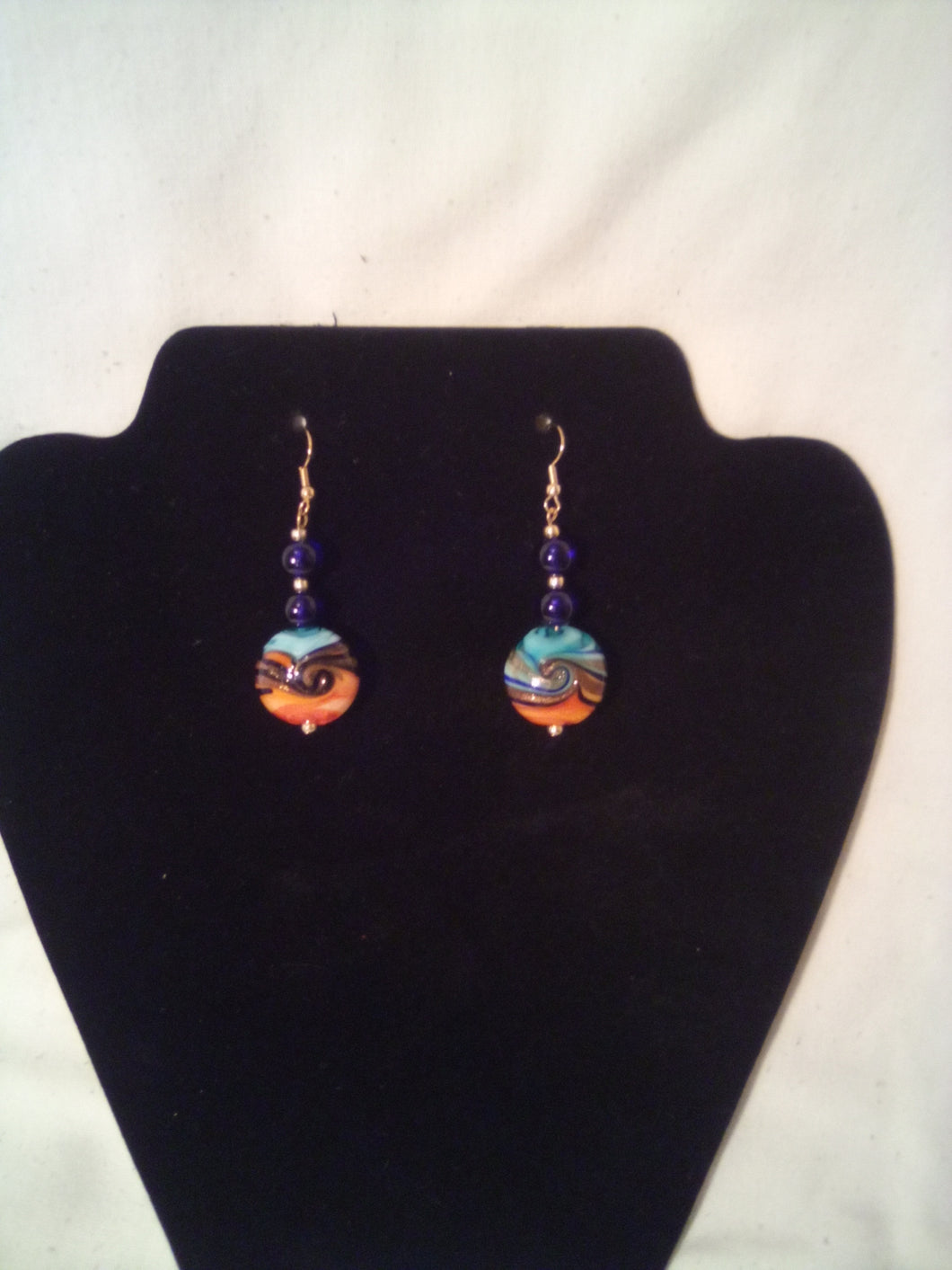 Orange/blue swirl glass bead earrings