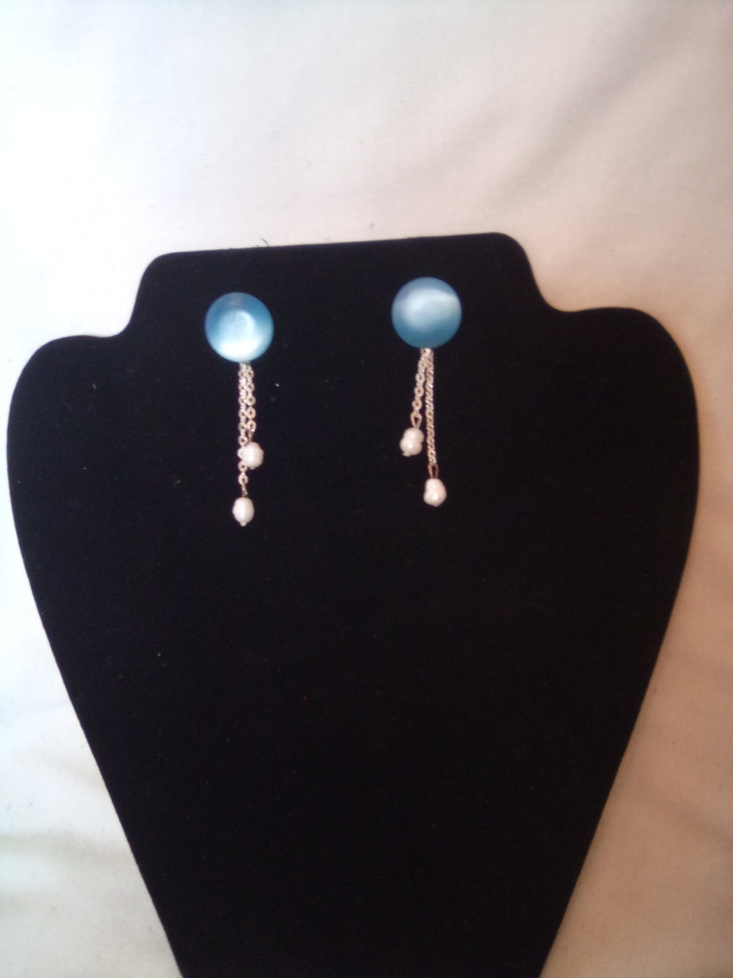 Blue with silver and freshwater pearl dangle earrings